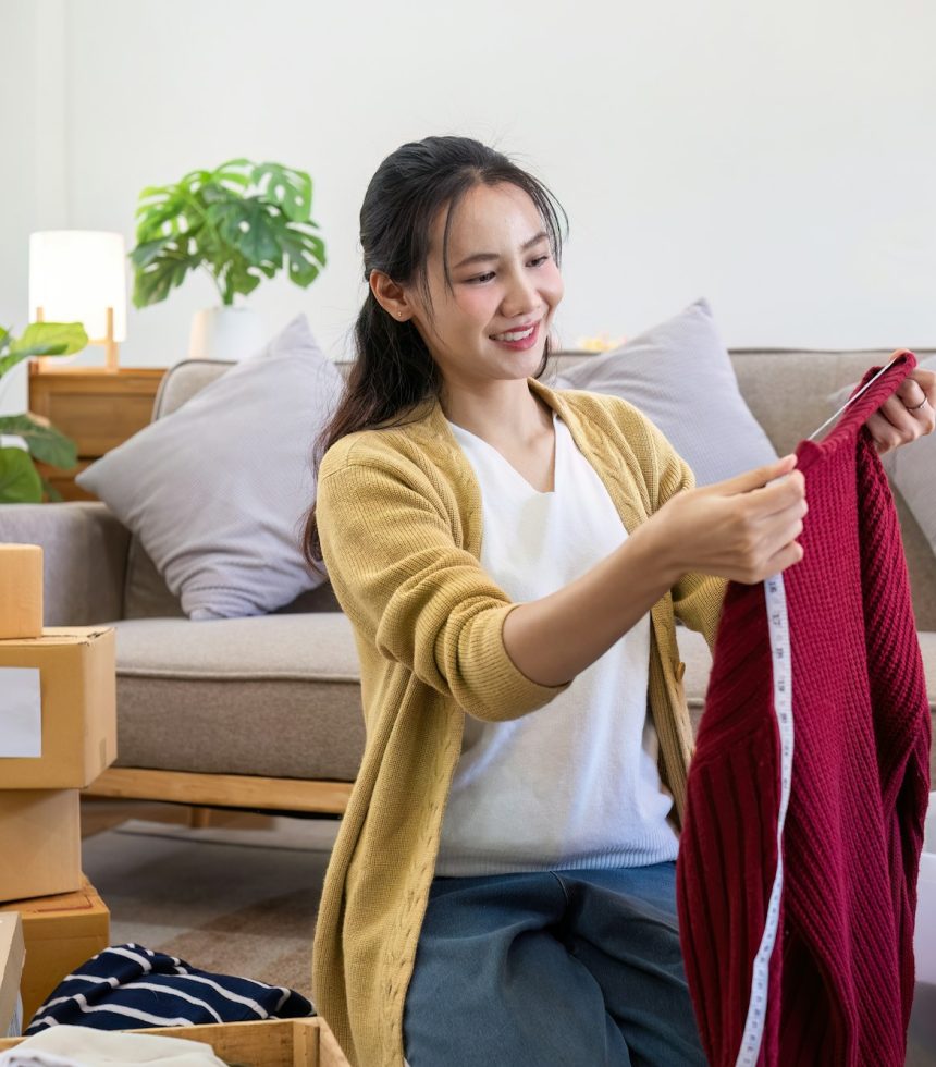 Cute Asian woman sitting next to sofa in living room sorting unwanted clothes for donation.