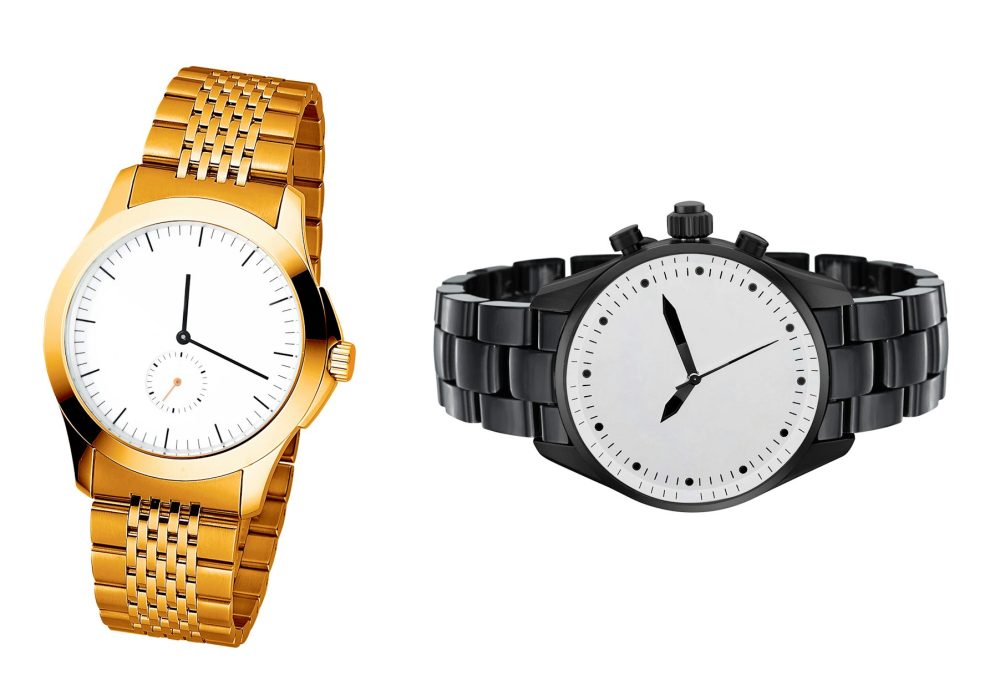 Men's luxury gold wrist watches on white background