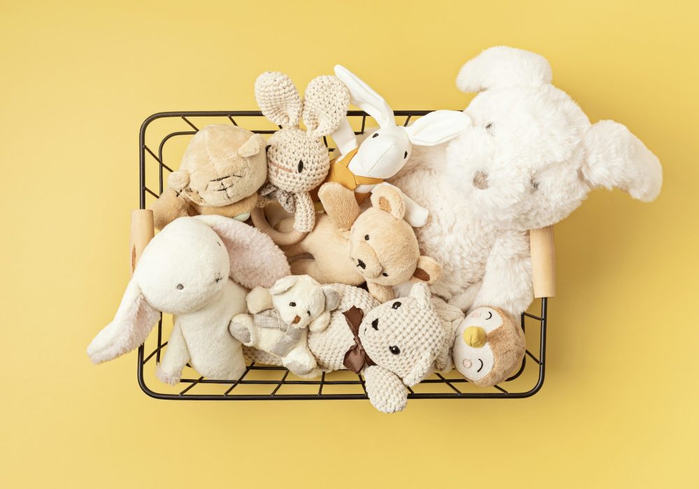 Soft plush children toys in the basket.